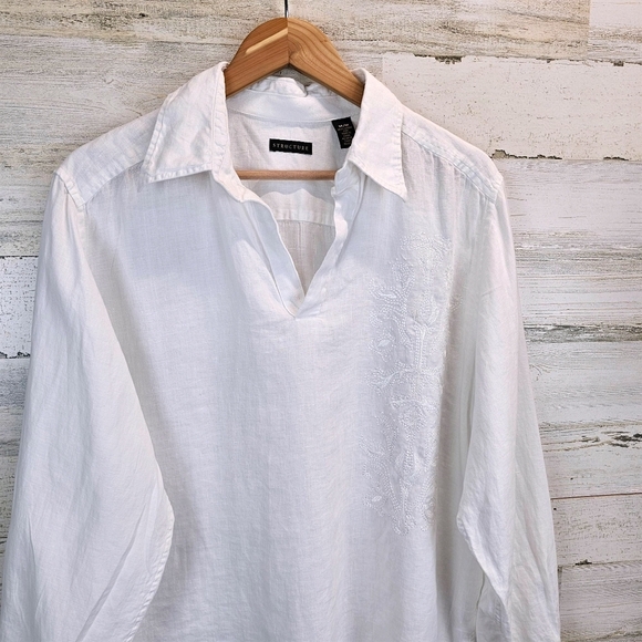 Structure 100% Linen Oversized Embroidered V-Neck Shirt Medium White Minimalist - Picture 7 of 13
